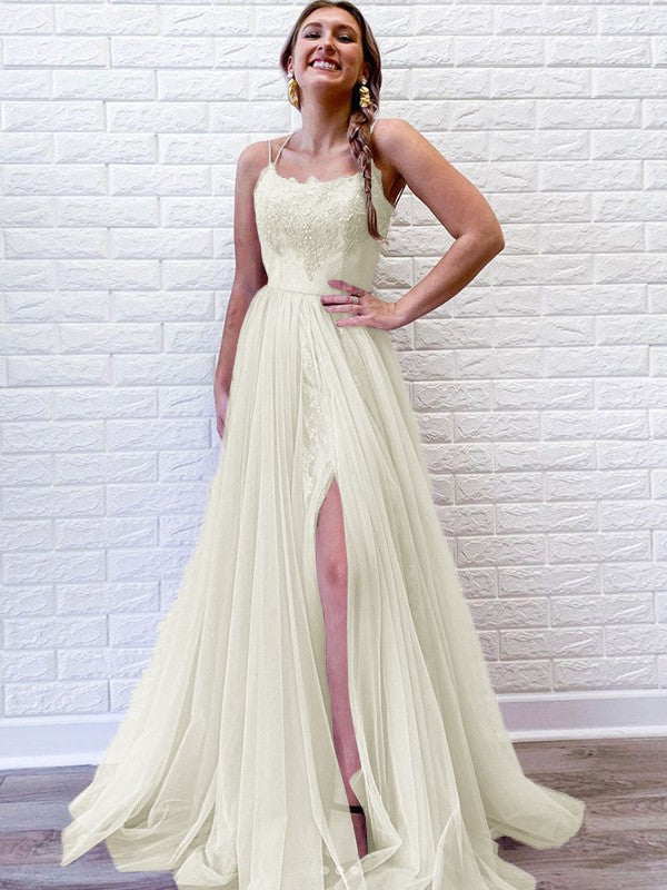 A-Line/Princess Tulle Lace Spaghetti Straps Sleeveless Sweep/Brush Train Prom Dress