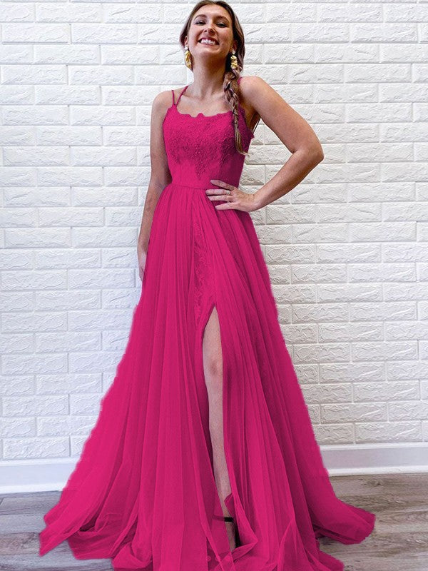 A-Line/Princess Tulle Lace Spaghetti Straps Sleeveless Sweep/Brush Train Prom Dress