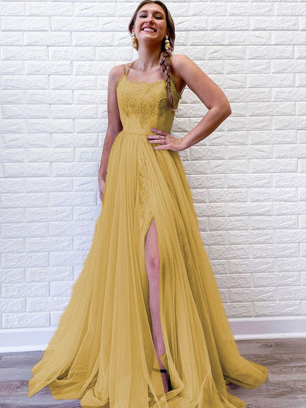 A-Line/Princess Tulle Lace Spaghetti Straps Sleeveless Sweep/Brush Train Prom Dress