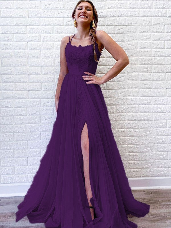 A-Line/Princess Tulle Lace Spaghetti Straps Sleeveless Sweep/Brush Train Prom Dress