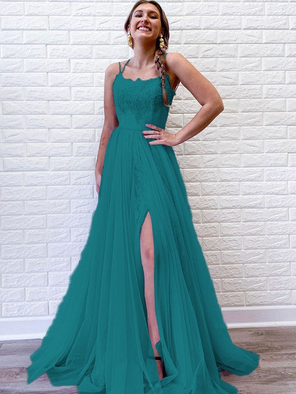 A-Line/Princess Tulle Lace Spaghetti Straps Sleeveless Sweep/Brush Train Prom Dress