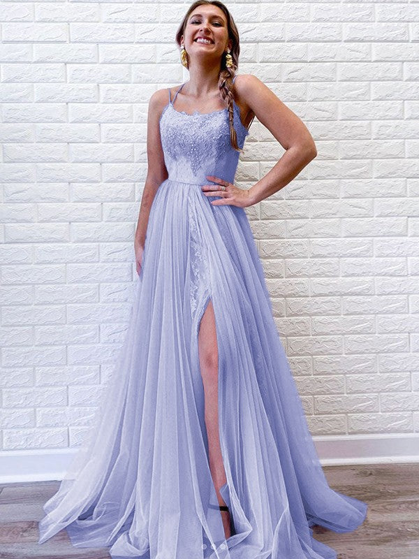 A-Line/Princess Tulle Lace Spaghetti Straps Sleeveless Sweep/Brush Train Prom Dress
