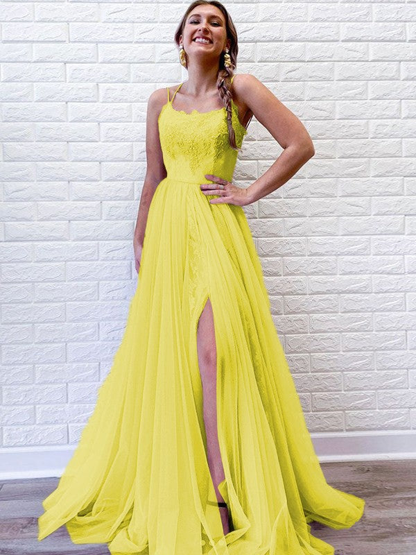 A-Line/Princess Tulle Lace Spaghetti Straps Sleeveless Sweep/Brush Train Prom Dress