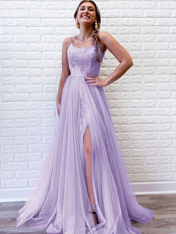 A-Line/Princess Tulle Lace Spaghetti Straps Sleeveless Sweep/Brush Train Prom Dress