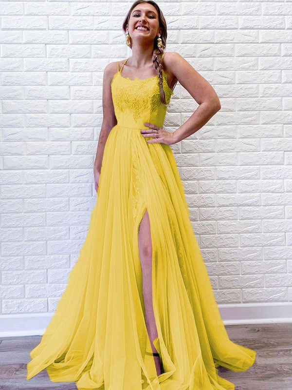 A-Line/Princess Tulle Lace Spaghetti Straps Sleeveless Sweep/Brush Train Prom Dress