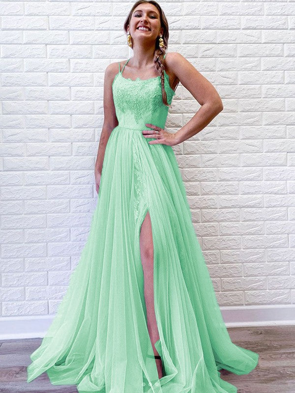 A-Line/Princess Tulle Lace Spaghetti Straps Sleeveless Sweep/Brush Train Prom Dress