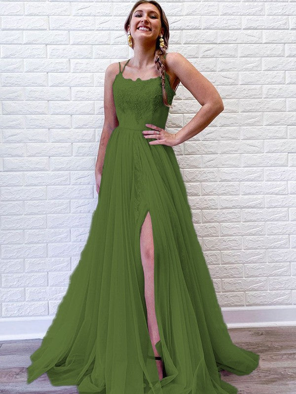 A-Line/Princess Tulle Lace Spaghetti Straps Sleeveless Sweep/Brush Train Prom Dress