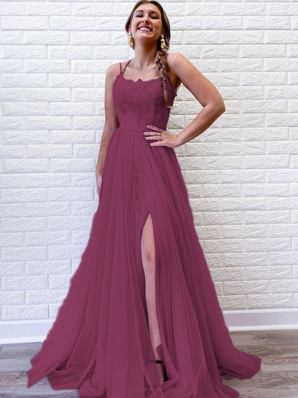 A-Line/Princess Tulle Lace Spaghetti Straps Sleeveless Sweep/Brush Train Prom Dress