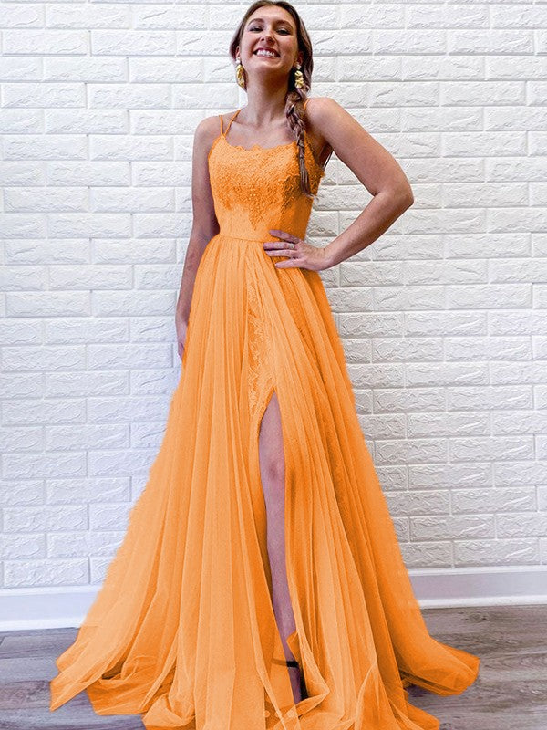 A-Line/Princess Tulle Lace Spaghetti Straps Sleeveless Sweep/Brush Train Prom Dress