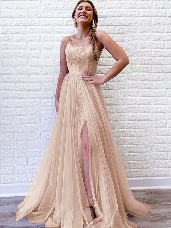 A-Line/Princess Tulle Lace Spaghetti Straps Sleeveless Sweep/Brush Train Prom Dress