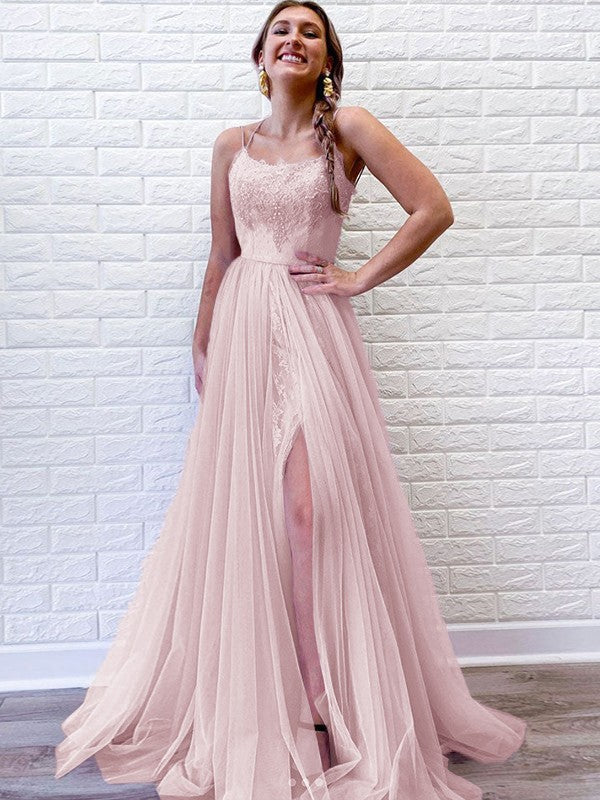 A-Line/Princess Tulle Lace Spaghetti Straps Sleeveless Sweep/Brush Train Prom Dress