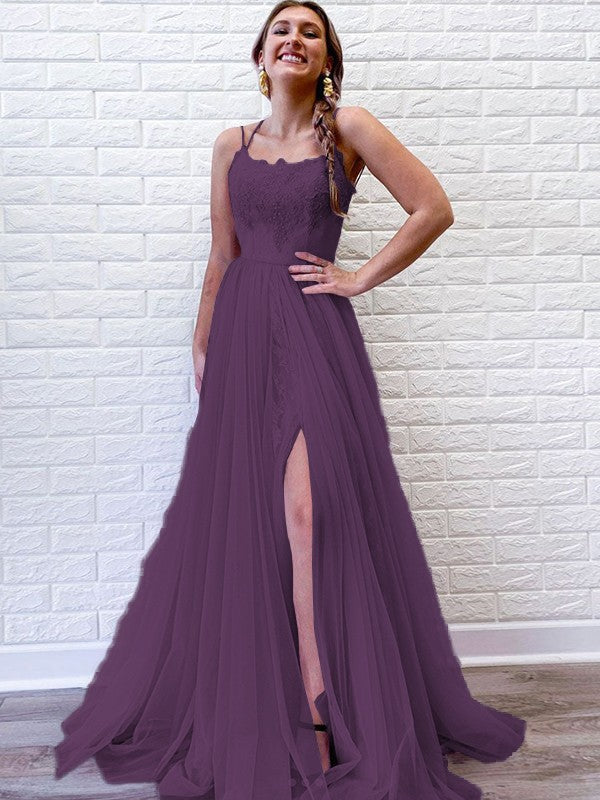 A-Line/Princess Tulle Lace Spaghetti Straps Sleeveless Sweep/Brush Train Prom Dress