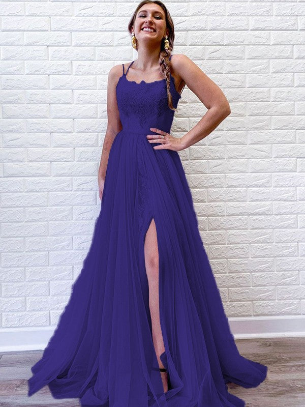 A-Line/Princess Tulle Lace Spaghetti Straps Sleeveless Sweep/Brush Train Prom Dress