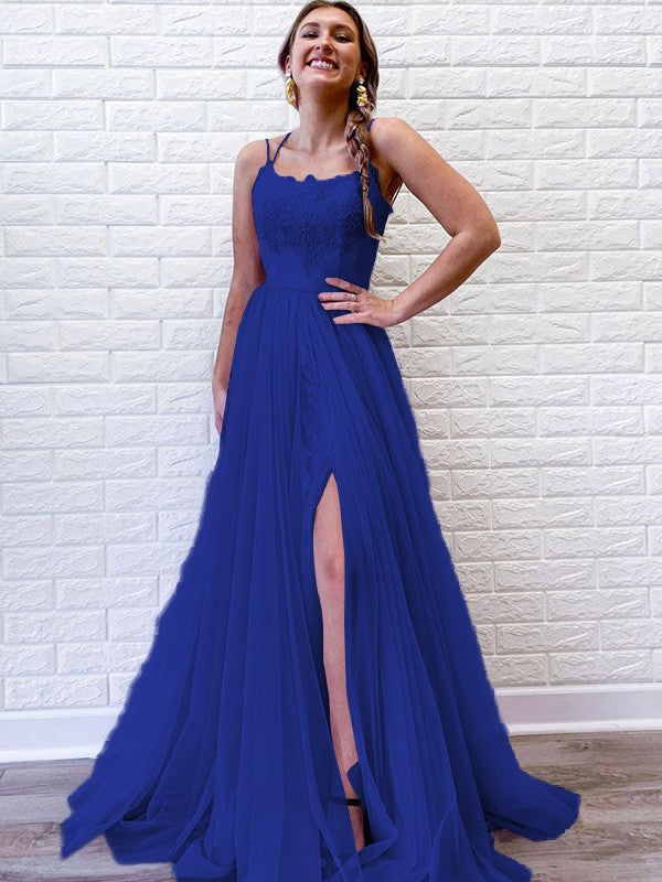 A-Line/Princess Tulle Lace Spaghetti Straps Sleeveless Sweep/Brush Train Prom Dress