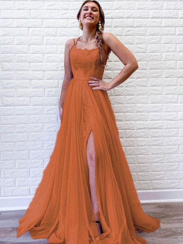 A-Line/Princess Tulle Lace Spaghetti Straps Sleeveless Sweep/Brush Train Prom Dress