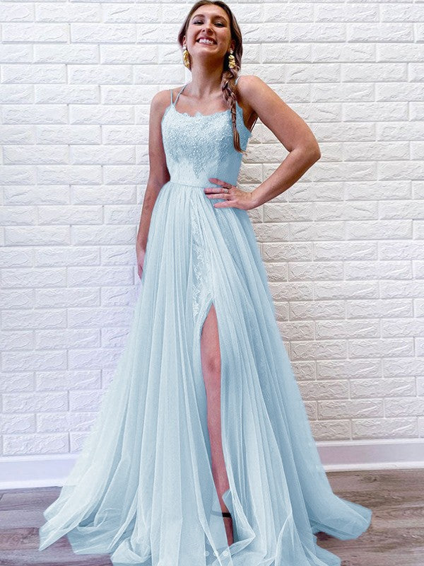 A-Line/Princess Tulle Lace Spaghetti Straps Sleeveless Sweep/Brush Train Prom Dress