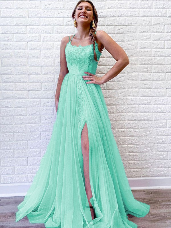 A-Line/Princess Tulle Lace Spaghetti Straps Sleeveless Sweep/Brush Train Prom Dress