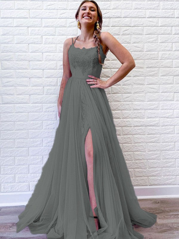 A-Line/Princess Tulle Lace Spaghetti Straps Sleeveless Sweep/Brush Train Prom Dress
