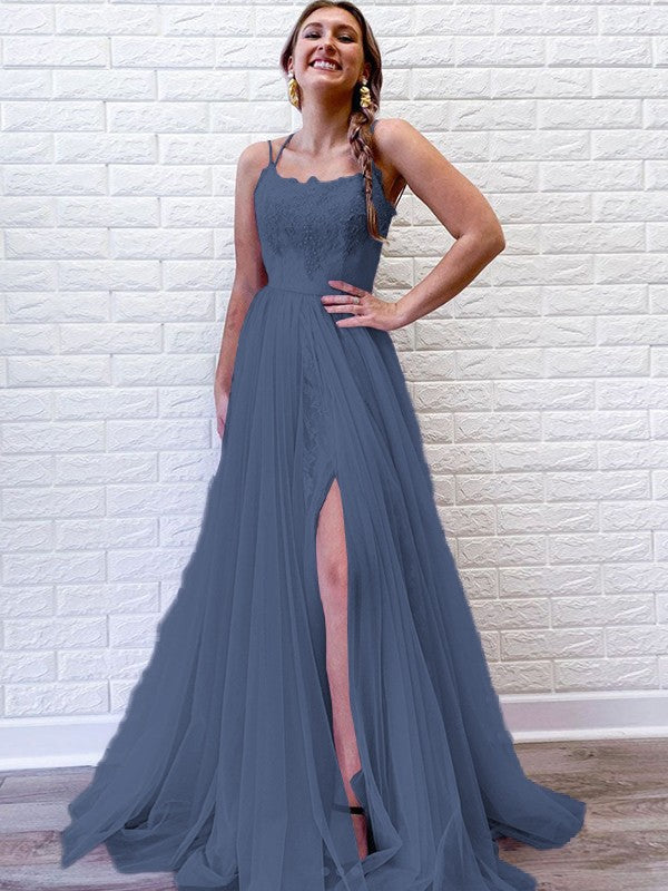 A-Line/Princess Tulle Lace Spaghetti Straps Sleeveless Sweep/Brush Train Prom Dress