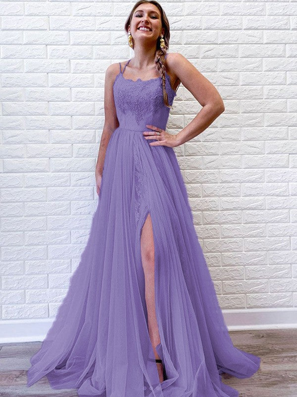 A-Line/Princess Tulle Lace Spaghetti Straps Sleeveless Sweep/Brush Train Prom Dress