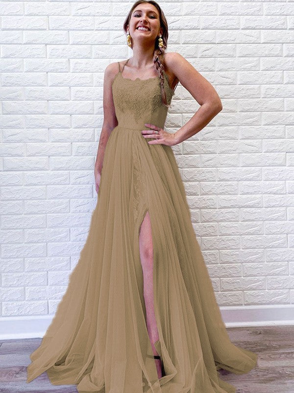 A-Line/Princess Tulle Lace Spaghetti Straps Sleeveless Sweep/Brush Train Prom Dress