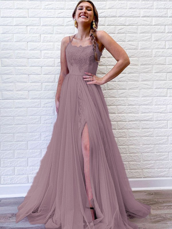 A-Line/Princess Tulle Lace Spaghetti Straps Sleeveless Sweep/Brush Train Prom Dress