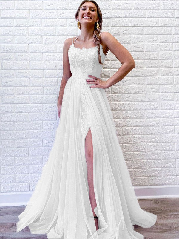 A-Line/Princess Tulle Lace Spaghetti Straps Sleeveless Sweep/Brush Train Prom Dress