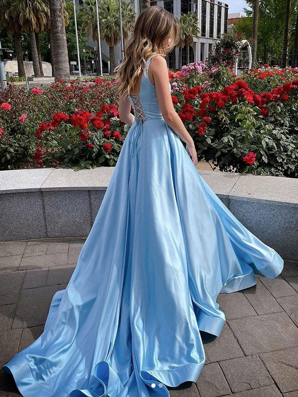 A-Line/Princess Satin Ruffles Straps Sleeveless Court Train Prom Dress