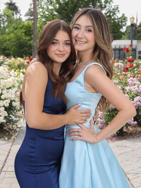 A-Line/Princess Satin Ruffles Straps Sleeveless Court Train Prom Dress
