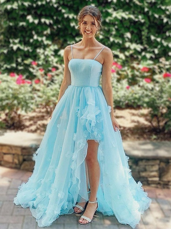 A-Line/Princess Organza Hand-Made Flower Spaghetti Straps Sleeveless Sweep/Brush Train Prom Dress