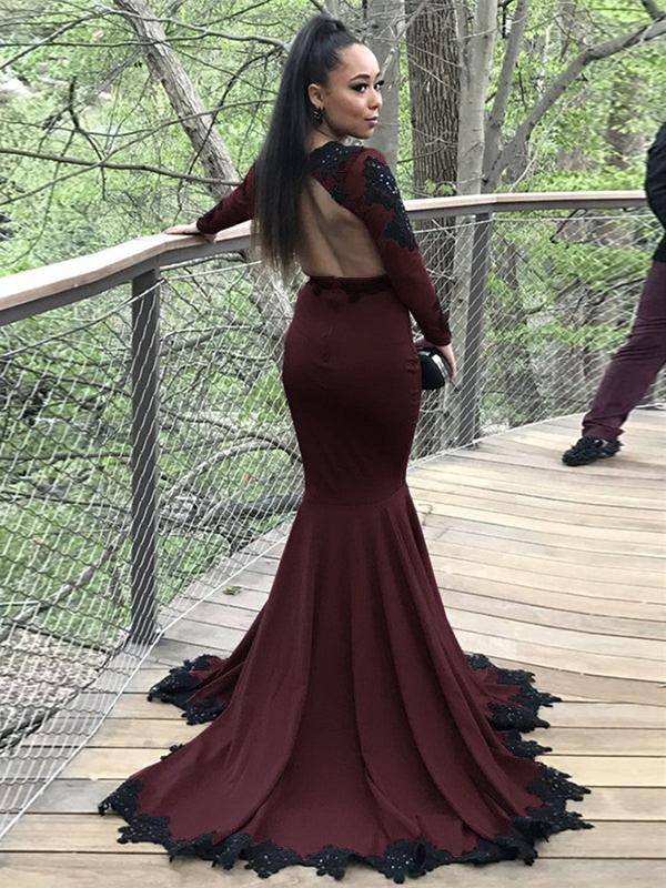 Trumpet/Mermaid Stretch Crepe Applique V-neck Long Sleeves Sweep/Brush Train Prom Dress