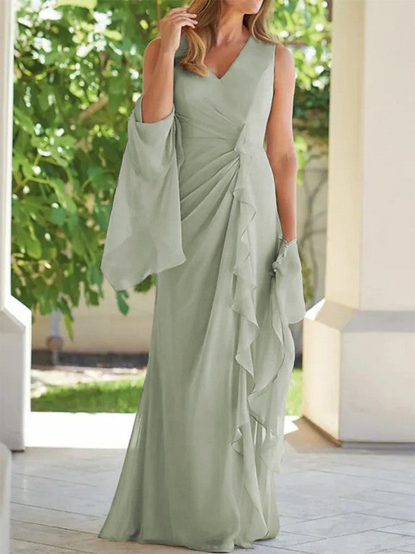 Sheath/Column Chiffon Ruched V-neck Sleeveless Floor-Length Mother of the Bride Dress