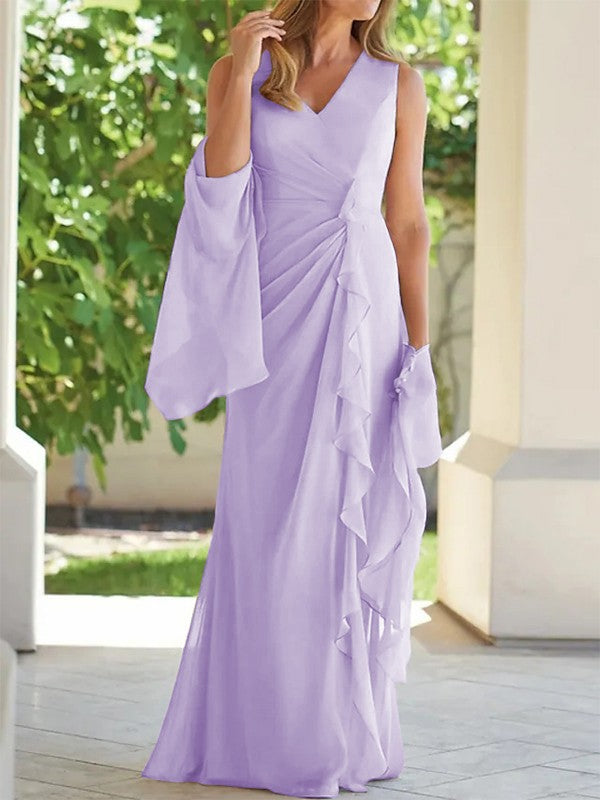 Sheath/Column Chiffon Ruched V-neck Sleeveless Floor-Length Mother of the Bride Dress
