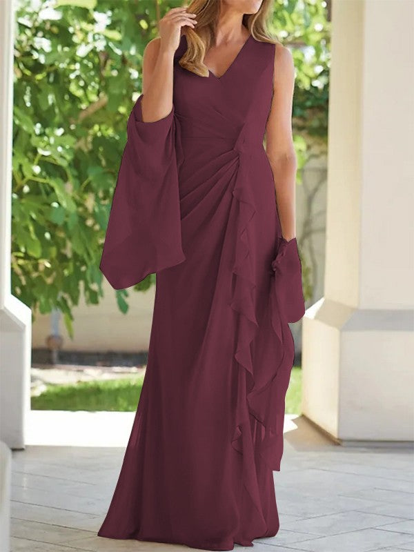 Sheath/Column Chiffon Ruched V-neck Sleeveless Floor-Length Mother of the Bride Dress