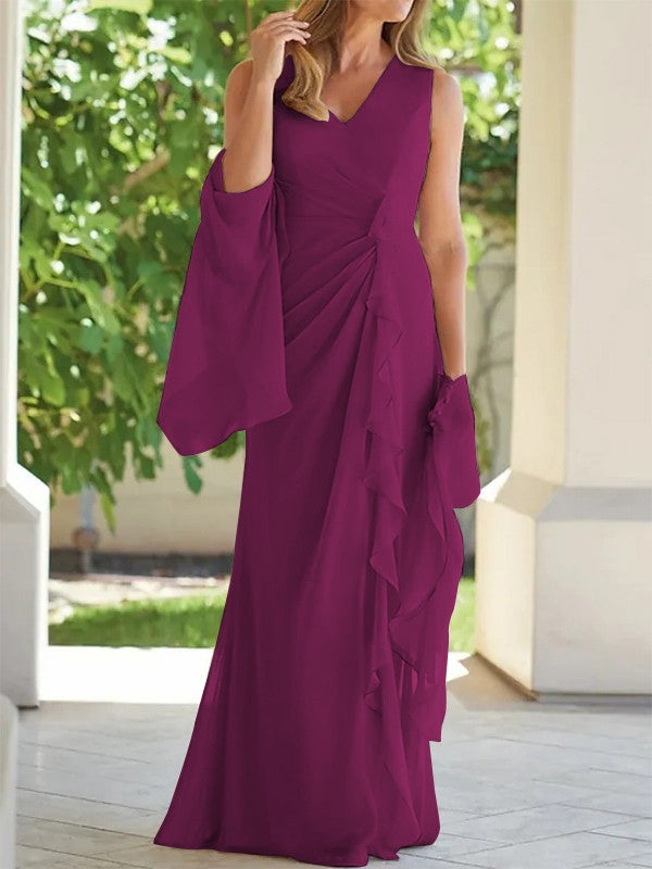 Sheath/Column Chiffon Ruched V-neck Sleeveless Floor-Length Mother of the Bride Dress