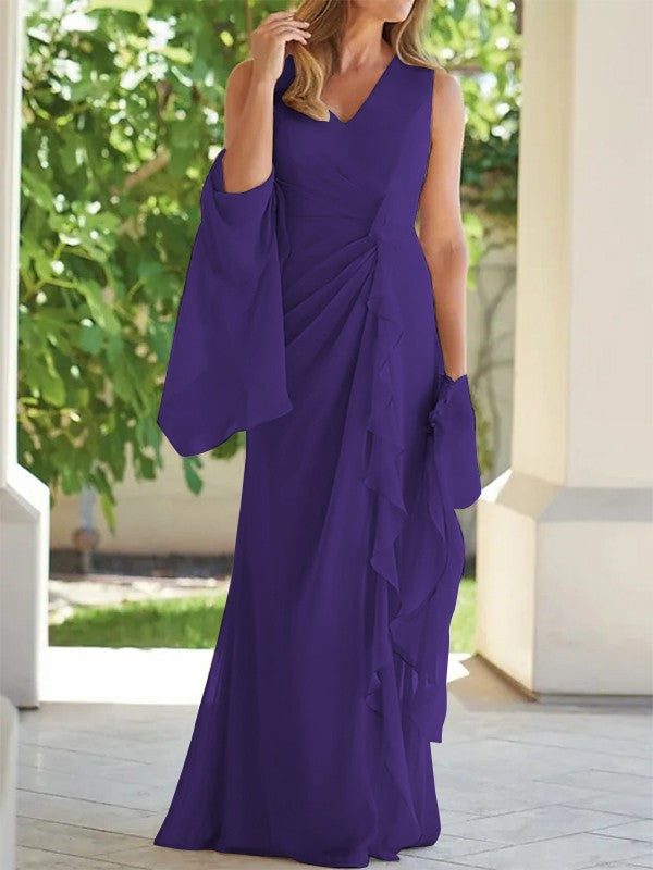 Sheath/Column Chiffon Ruched V-neck Sleeveless Floor-Length Mother of the Bride Dress