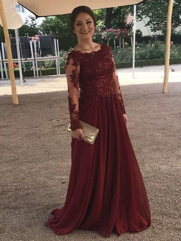 A-Line/Princess Satin Applique Scoop Long Sleeves Sweep/Brush Train Mother of the Bride Dress