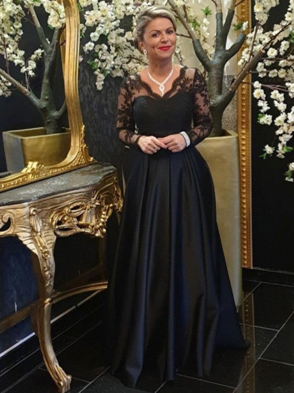 A-Line/Princess Satin Lace V-neck Long Sleeves Sweep/Brush Train Mother of the Bride Dress