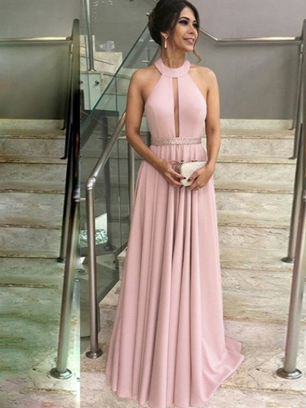 A-Line/Princess Stretch Crepe Ruffles Halter Sleeveless Floor-Length Mother of the Bride Dress
