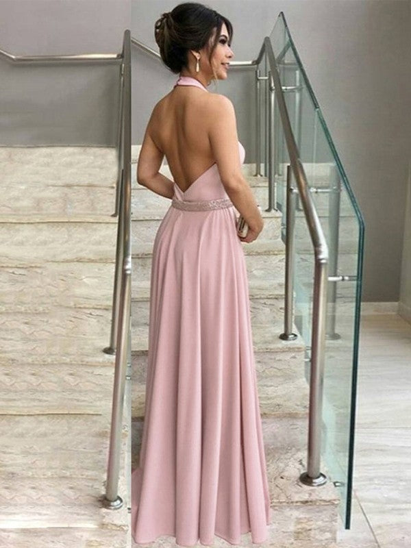 A-Line/Princess Stretch Crepe Ruffles Halter Sleeveless Floor-Length Mother of the Bride Dress