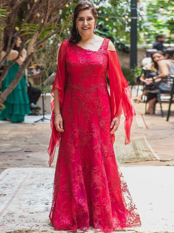 Sheath/Column Lace Applique Scoop 3/4 Sleeves Floor-Length Mother of the Bride Dress