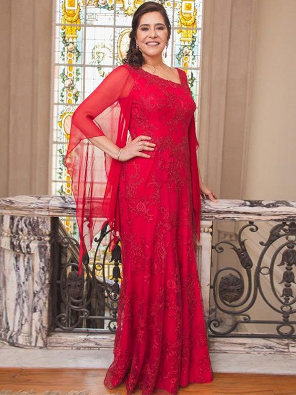 Sheath/Column Lace Applique Scoop 3/4 Sleeves Floor-Length Mother of the Bride Dress