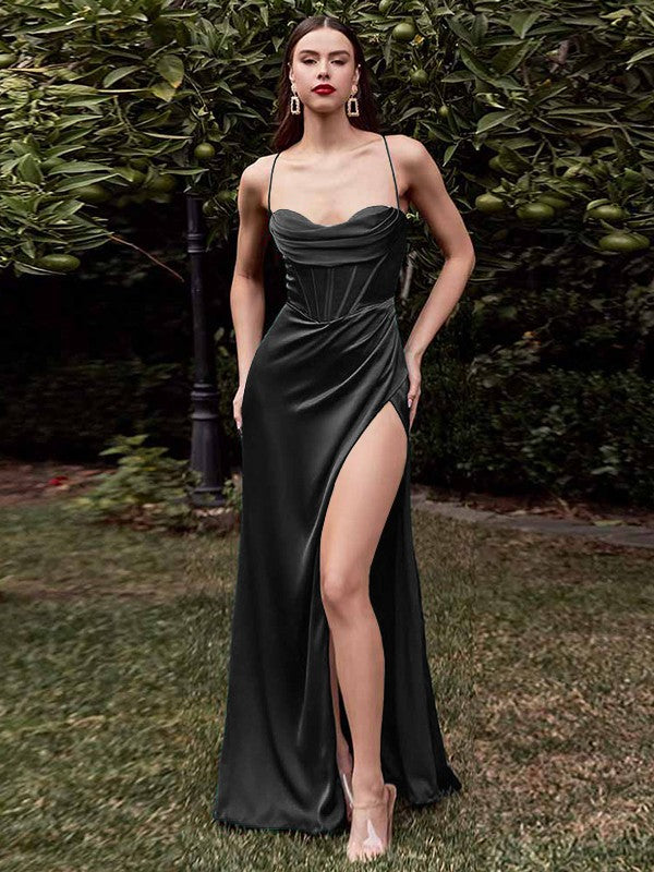 Sheath/Column Elastic Woven Satin Ruched Spaghetti Straps Sleeveless Sweep/Brush Train Corset Bridesmaid Dresses