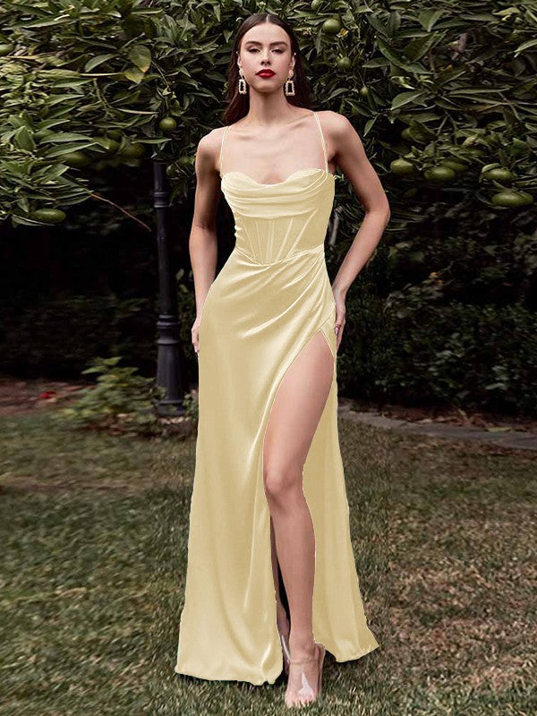 Sheath/Column Elastic Woven Satin Ruched Spaghetti Straps Sleeveless Sweep/Brush Train Corset Bridesmaid Dresses