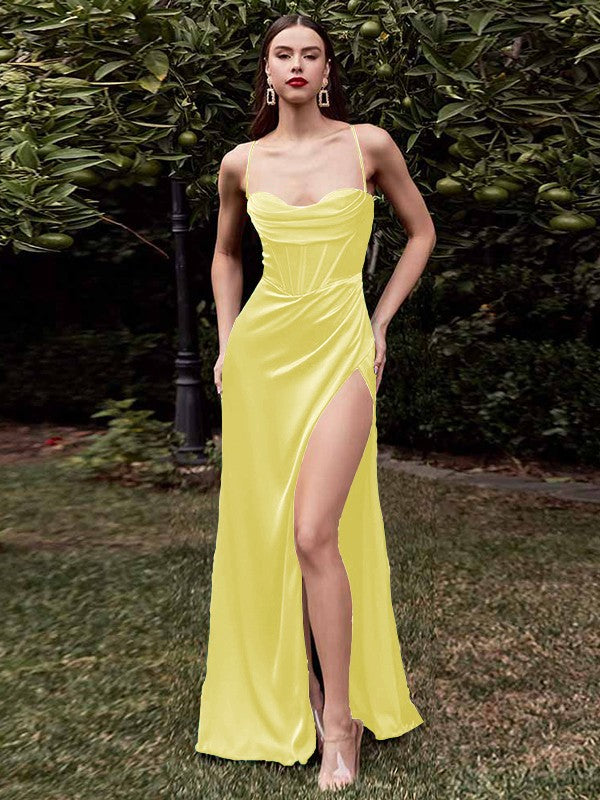 Sheath/Column Elastic Woven Satin Ruched Spaghetti Straps Sleeveless Sweep/Brush Train Corset Bridesmaid Dresses