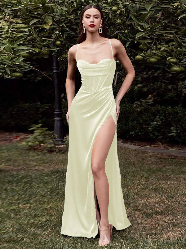 Sheath/Column Elastic Woven Satin Ruched Spaghetti Straps Sleeveless Sweep/Brush Train Corset Bridesmaid Dresses