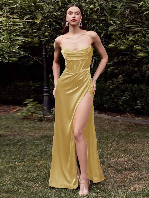 Sheath/Column Elastic Woven Satin Ruched Spaghetti Straps Sleeveless Sweep/Brush Train Corset Bridesmaid Dresses