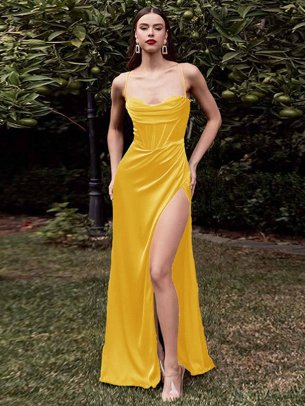 Sheath/Column Elastic Woven Satin Ruched Spaghetti Straps Sleeveless Sweep/Brush Train Corset Bridesmaid Dresses
