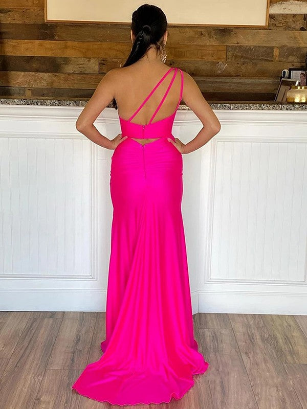 Sheath/Column Elastic Woven Satin Ruched One-Shoulder Sleeveless Sweep/Brush Train Prom Dress