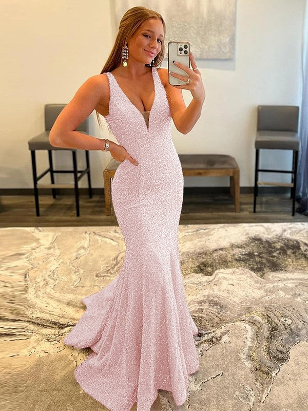 Sheath/Column Velvet Sequins Ruffles V-neck Sleeveless Sweep/Brush Train Prom Dress
